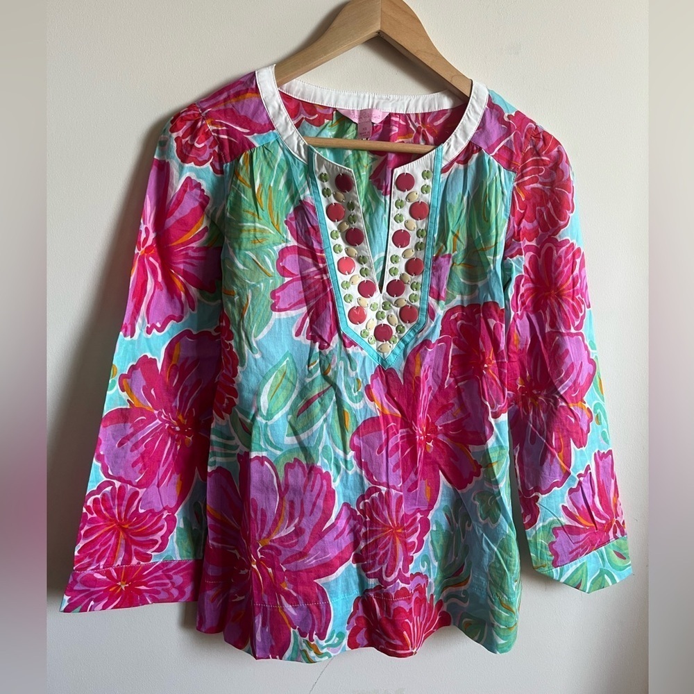 Lilly Pulitzer Embellished Tunic Floral Blouse - Pink and Blue XS Cotton